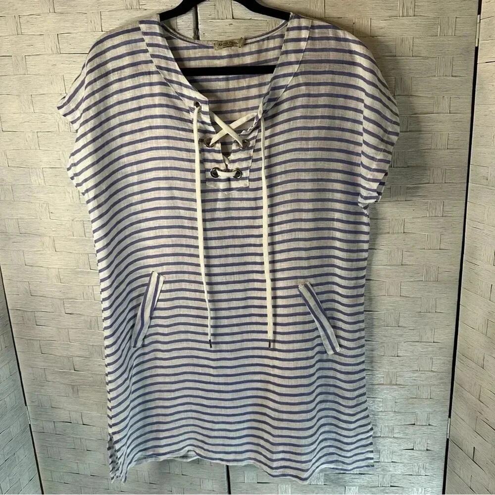 Alessia Pacino made‎ in Italy linen shirt dress blue and white tie neckline
